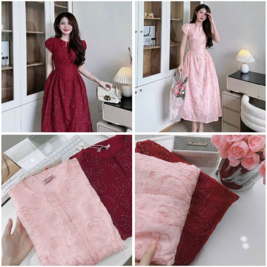 Ảnh của VÁY TƠ KIM SA 2 LỚP TAY BỔNG KHOÁ TRƯỚC